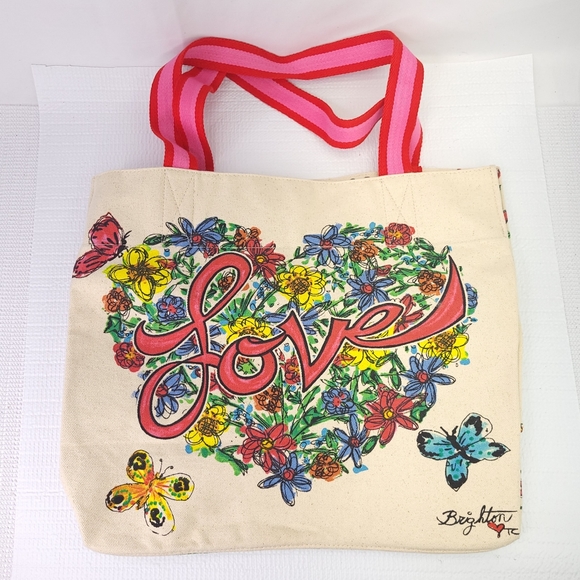 BRIGHTON Love Tweet Canvas Large Tote Bag Birds Hearts Butterflys Shoulder Carry - Picture 1 of 12